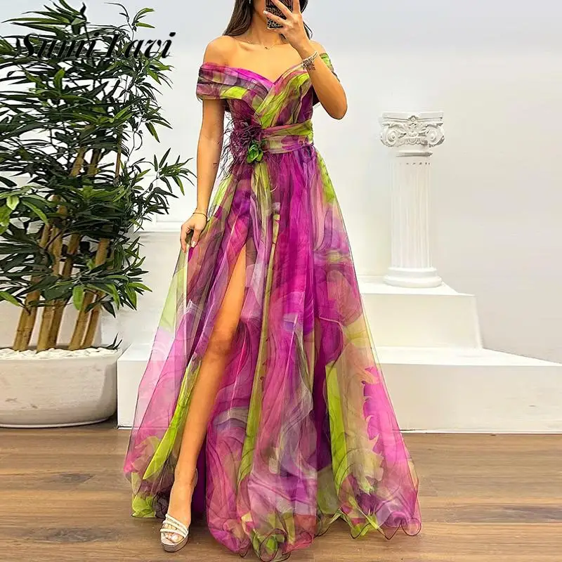 

Elegant Off Shoulder Split Evening Dress Women Fashion Pattern Print Slim Long Dress Summer Sexy Mesh Hight Waist Party Dresses