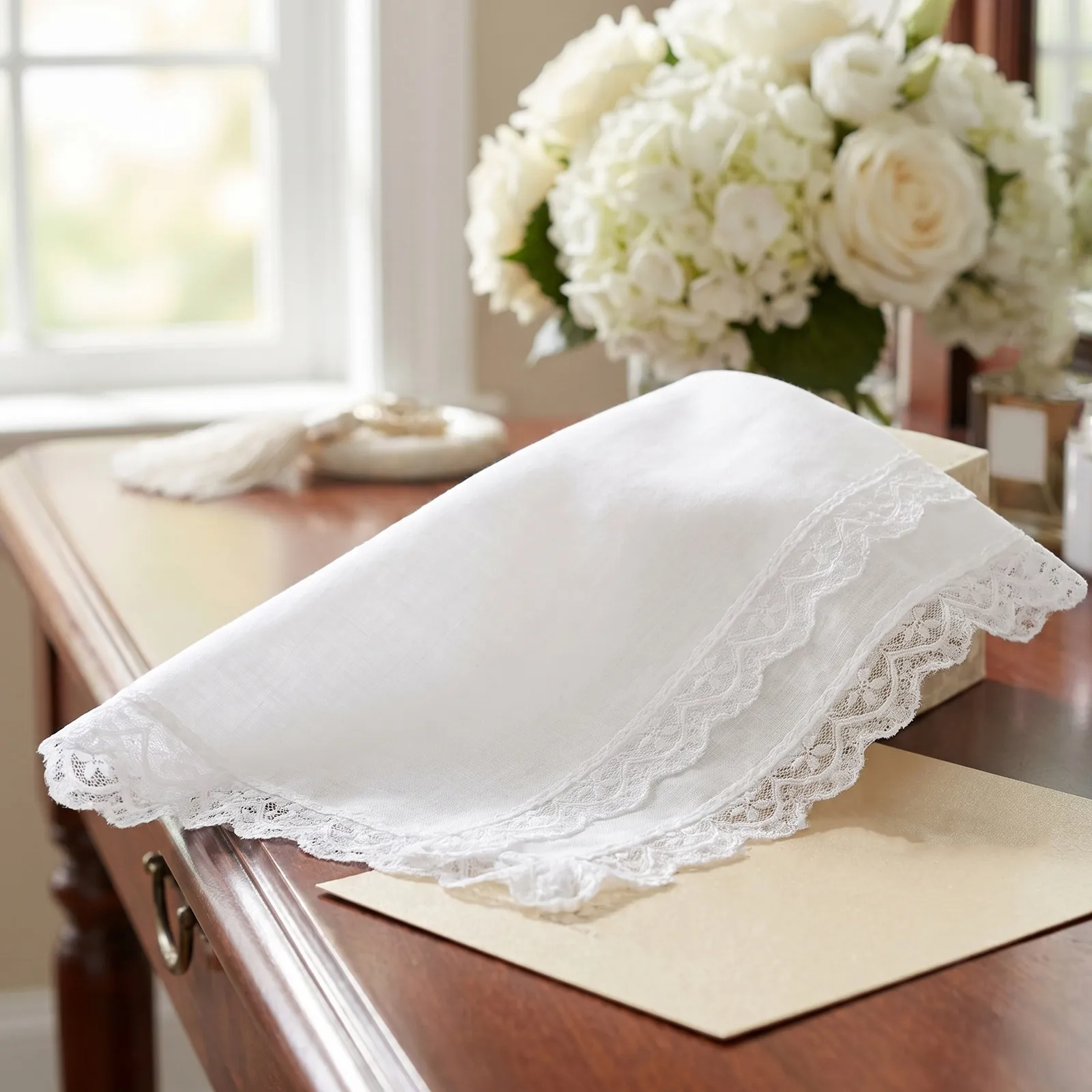 6Pcs White Lace Edge Bridal Handkerchief Set