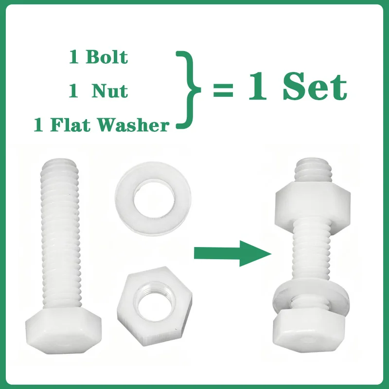 Immagine 3: Set di Viti a Testa Esagonale Esterna in Nylon Bianco, Dadi e Rondelle M3 M4 M5 M6-M14, Bulloni Esagonali in Plastica per Isolamento Termico/Elettrico