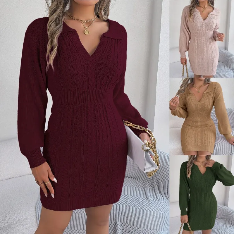 Autumn And Winter Chicken Heart Collar Fried Dough Twists Lantern Sleeve Hip Wrapped Woolen Dress Women's Long Sleeve Mini Dress