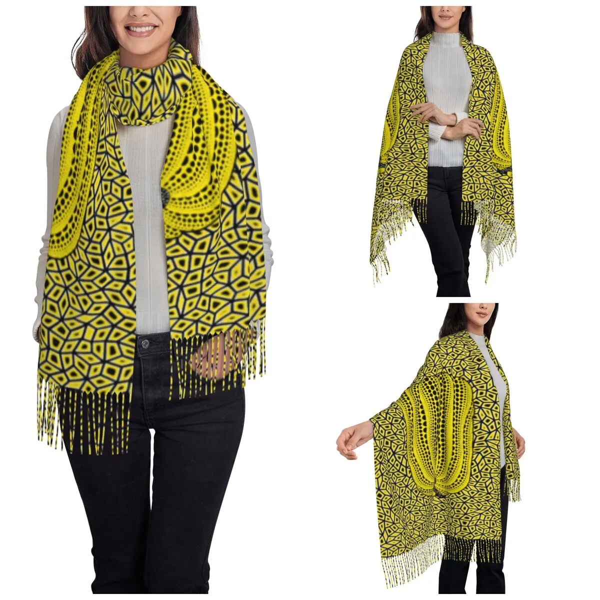 Womens Scarf with Tassel Yayoi Kusama Dots Pumpkin Infinite Nets Large Winter Warm Shawl Wrap Daily Wear Cashmere Scarf