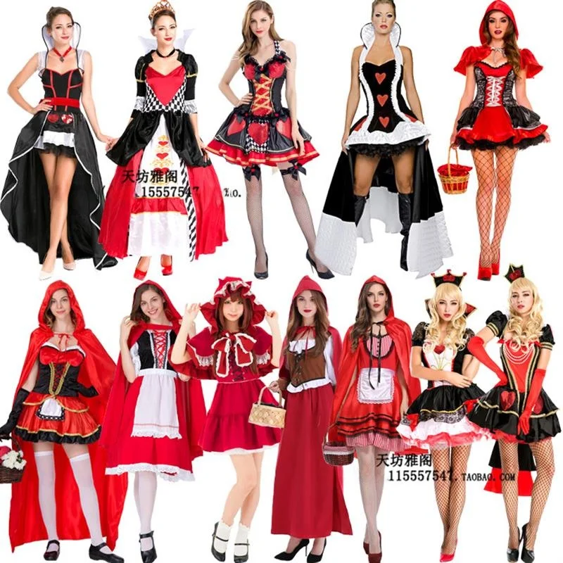 レッドハートクイーンコスチューム女性用魔女衣装赤ずきんちゃんハロウィンクイーンスカートコスプレポーカーゲームパーティー小道具