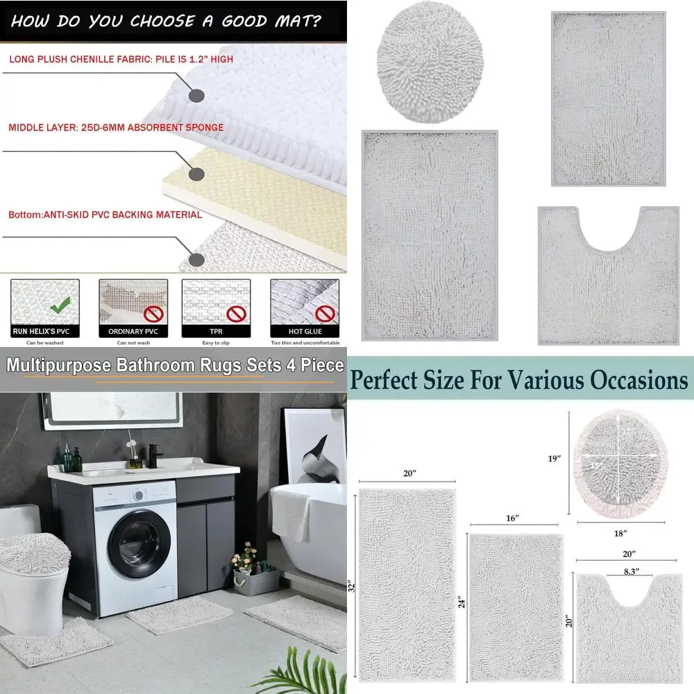 

4-Piece Soft Chenille Bath Rug Set with Non-Slip Backing for Bathroom, Tub, Shower, White