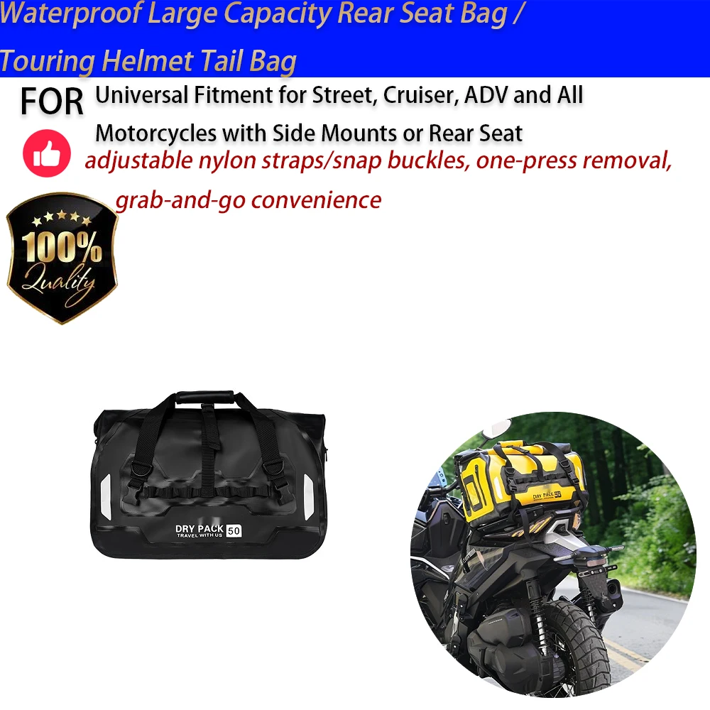 For Motorcycle Scooter 30-50L Waterproof Rear Seat Bag Touring Duffel Full Face Helmet No-Drill Accesorios Moto