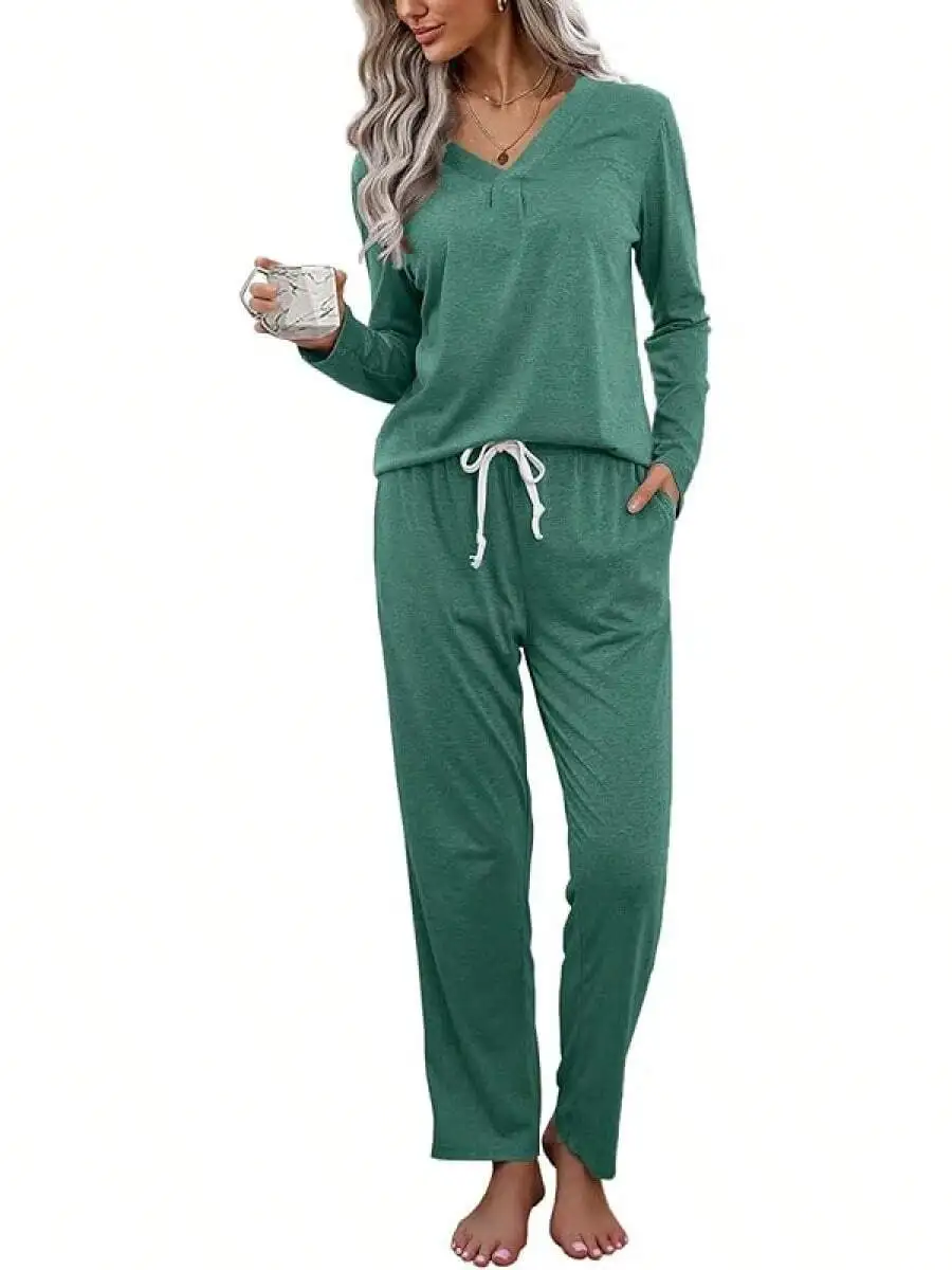 Womens Long Sleeve Pajama Set With Pockets Lounge Sleepwear