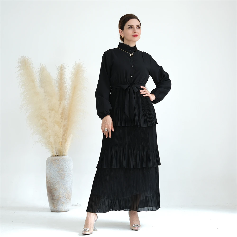 Ramadan moslim vrouwen geplooide chiffon maxi-jurk laag hoge hals abaya kaftan dubai kalkoen gewaad islamitische kleding vestidos kaftan