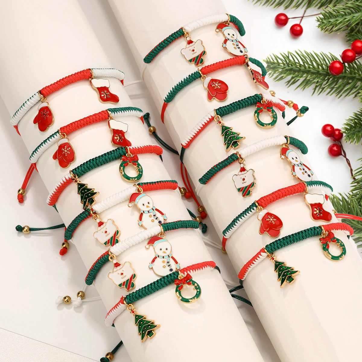 12-Piece New Handmade Braided Bracelet Set with Christmas Tree, Snowman, Teddy Bear, Stocking, Wreath & Glove (color random)