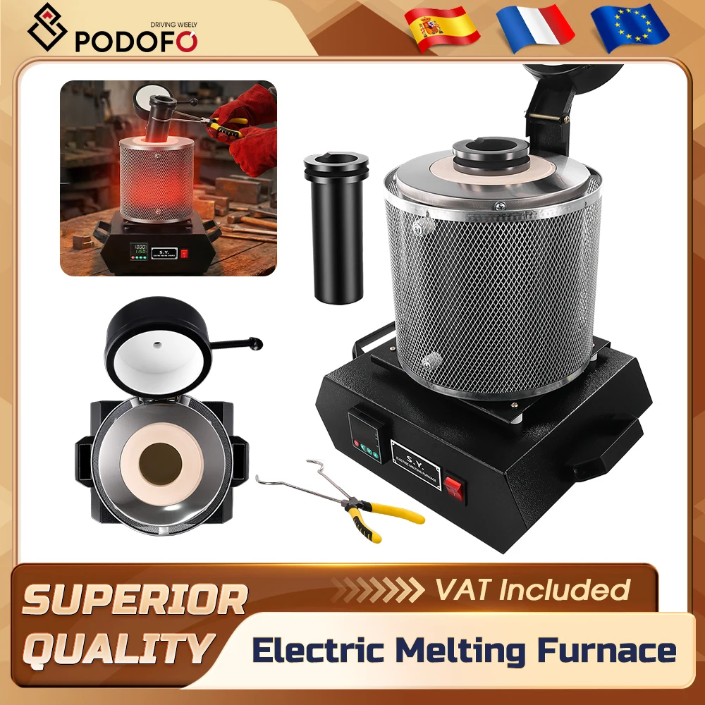 Fourneau électrique à fusionner l'or Podofo 1600W 2102 ° Four de fusion numérique pour métaux avec creuset en graphite de 3 kg et grille de protection, pour le raffinage et le moulage de l'argent, de