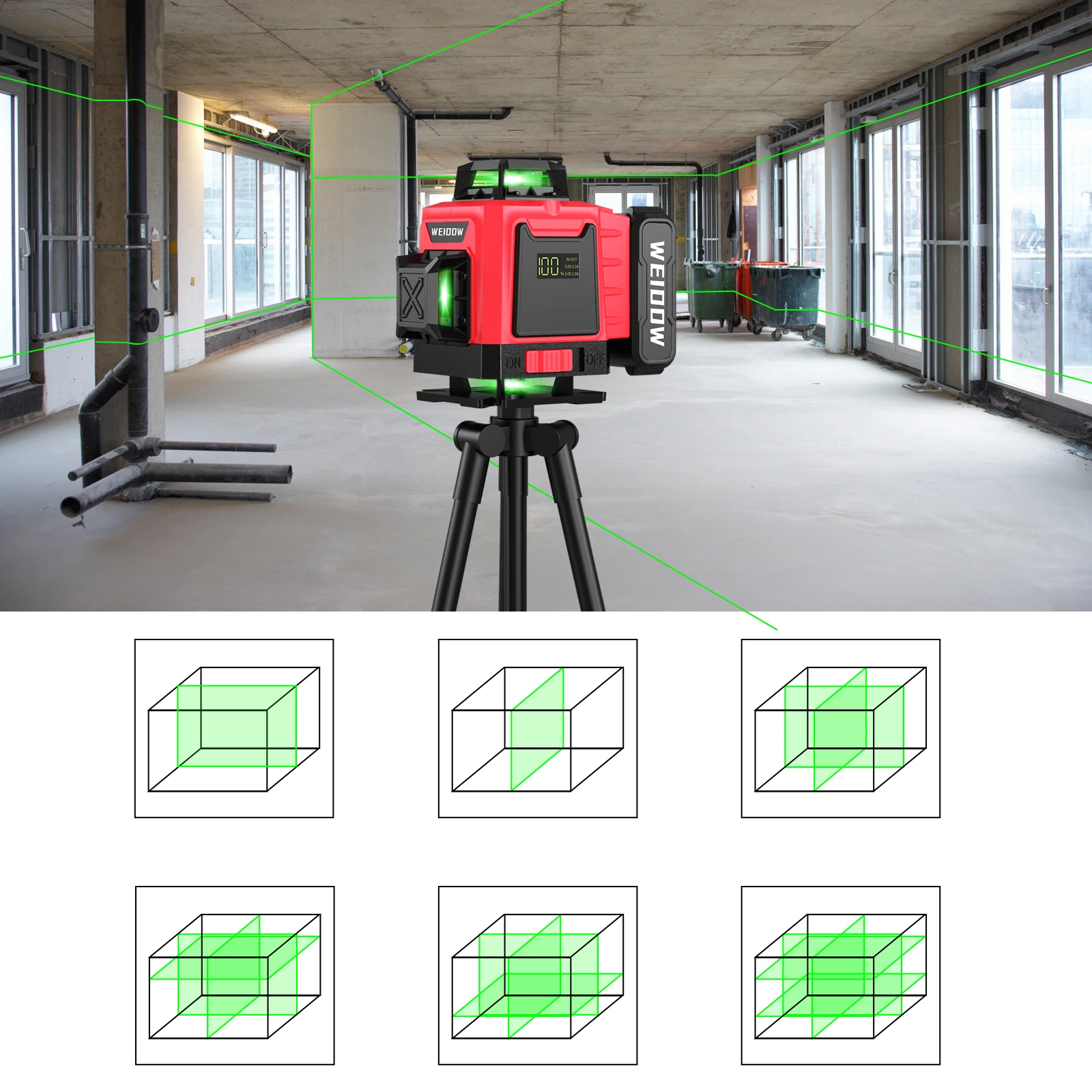 Imagem -02 - Weiddw Laser Nível 4d 16 Linhas com 3937 Polegadas 1m Tripé Horizontal Vertical Verde 360 ° Laser Nivel Profissional Autonivelante