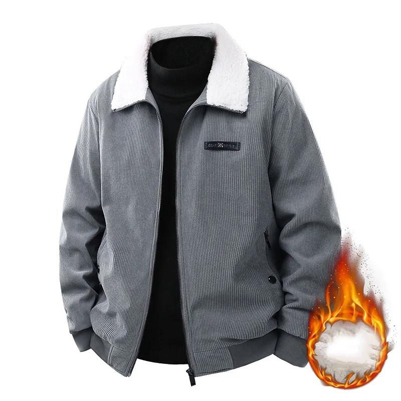 Man Jacket Winter Simple Solid Color Turn Down Collar Men Cargo Coat Thicken Fleece Warm Long Sleeve Zipper Male Outerwear