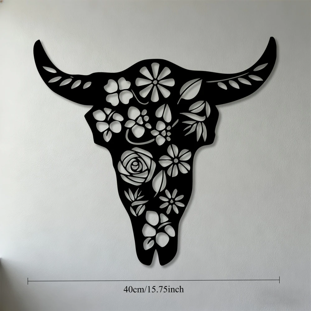 CIFBUY Metal Wall Art Floral Cow Skull Forged Iron Ornament For Home Living Room Bedroom Office Hanging Decor Display