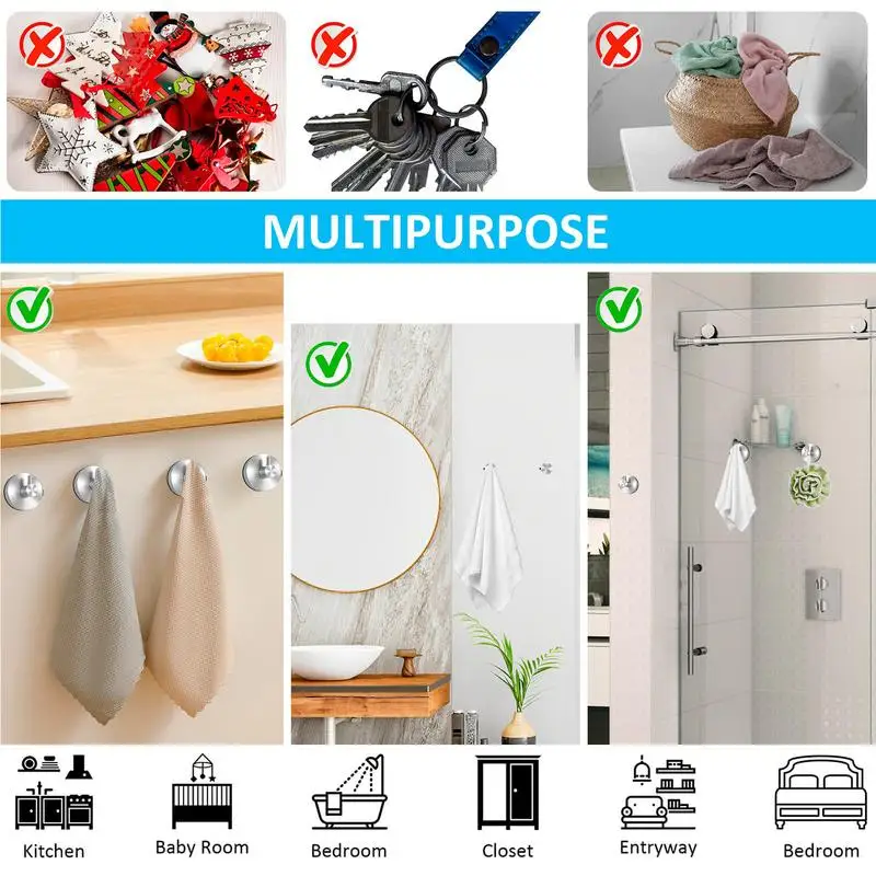 Strong Vacuum Bathroom Suction Cup Stainless Steel Hooks  Reusable Bathroom Shower Hooks Removable Towel Rack For Sponge Loofah