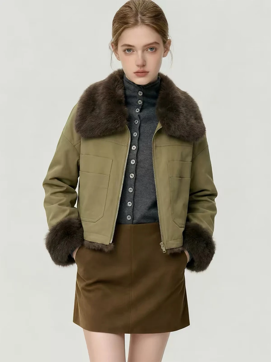 Women Fashion Double-faced Soft Faux Fur Parka Jacket 2026 Winter Cool Girls Vintage Army Green Chic Fluffy Casual Outfit