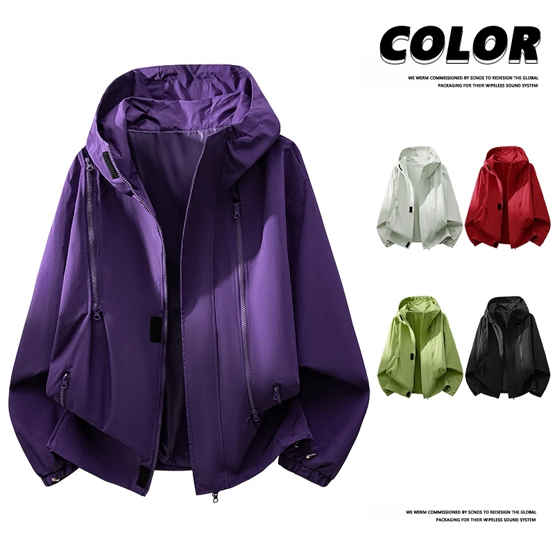 Multi Color Women Short Mountaineering Jacket Waterproof Windproof Hooded Cropped Windbreaker Coat