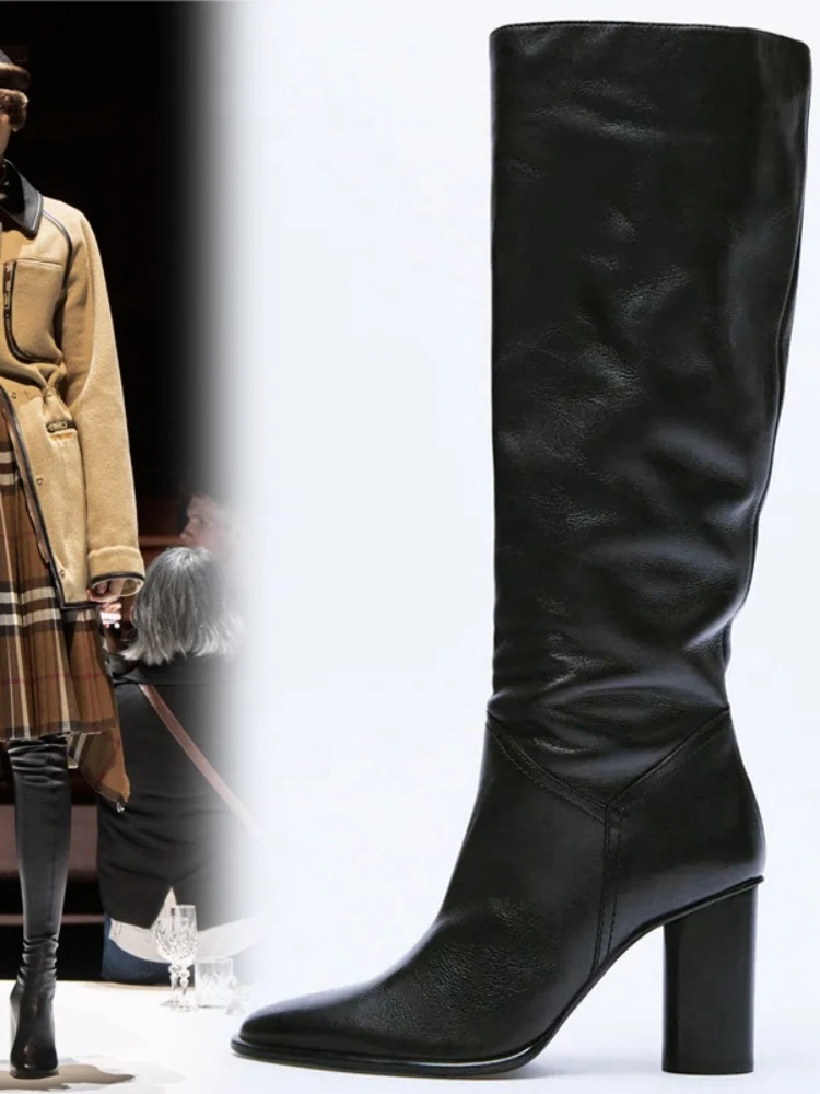 Bottes hautes en cuir de vachette amincissantes à tête carrée pour femmes, bottes longues rétro minimalistes, automne, hiver, mode shopping, nouveau, 43