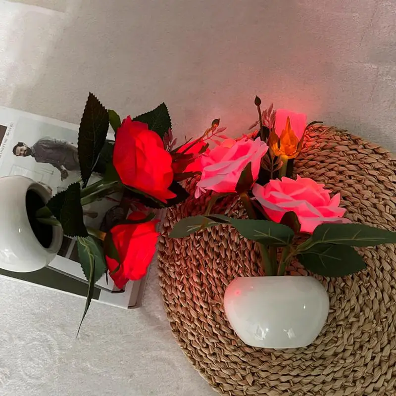 Lámpara LED de flores para mesita de noche, iluminación suave de rosas, luces de noche para el hogar y la sala de estar