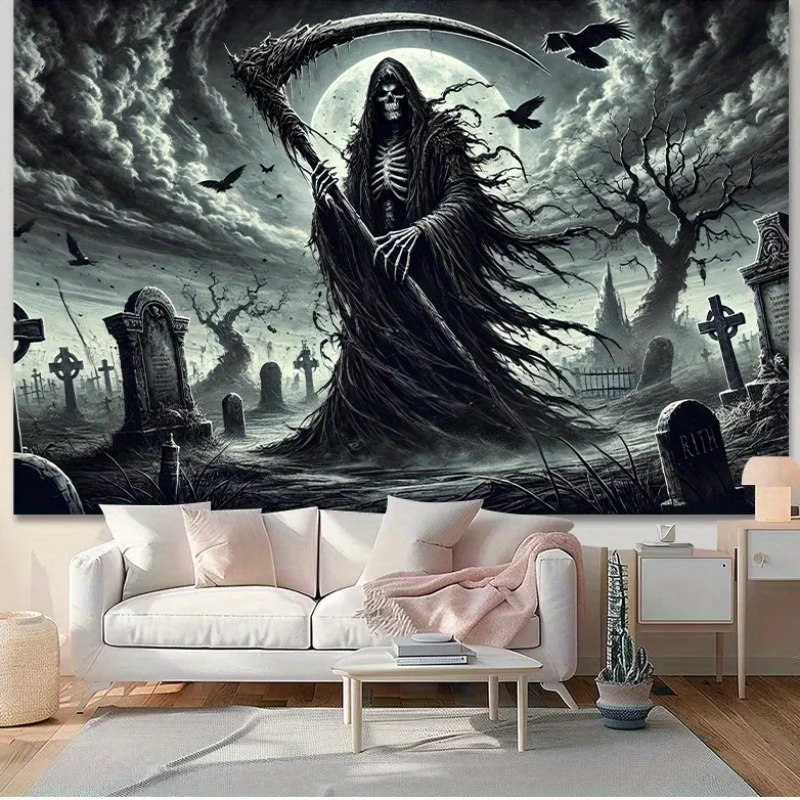 Grim Reaper, gruselige Friedhofszene, Wandbehang, Wandteppich, vielseitiger Hintergrund für Zuhause, Schlafzimmer, Innen-/Außendekoration
