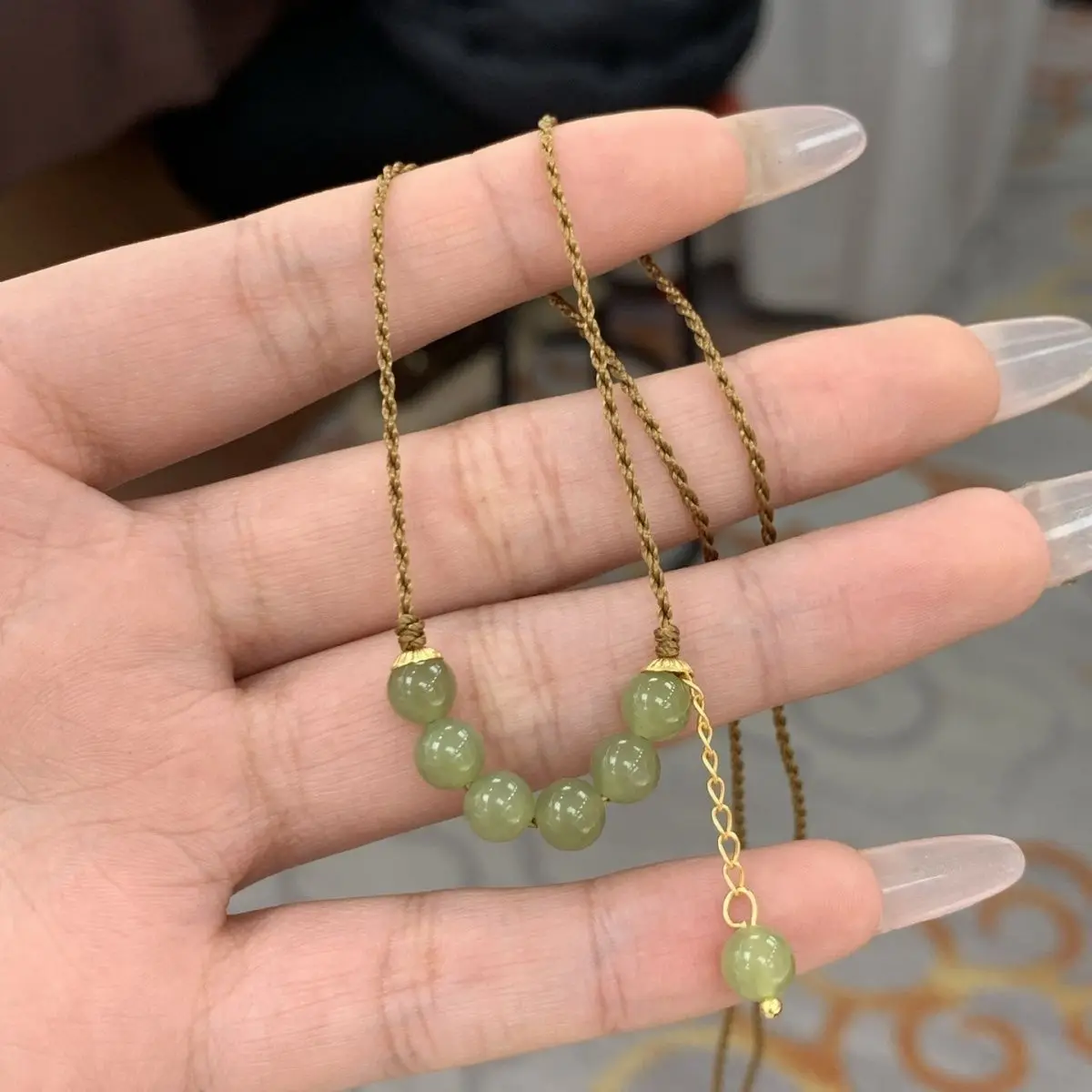 

Pure natural Hetian jade green yellow mouth smile pendant jade necklace card six round beads