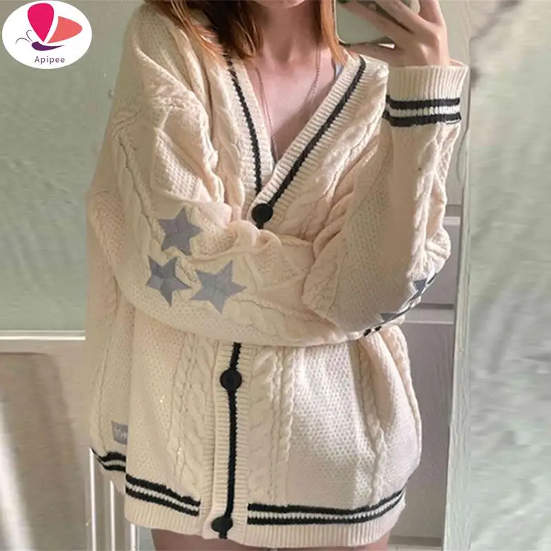 

APIPEE Star Embroidery Loose Cardigans Women Y2K Vintage Autumn Single Breasted Long Sleeve Top Coats Ladies Knitted Sweaters