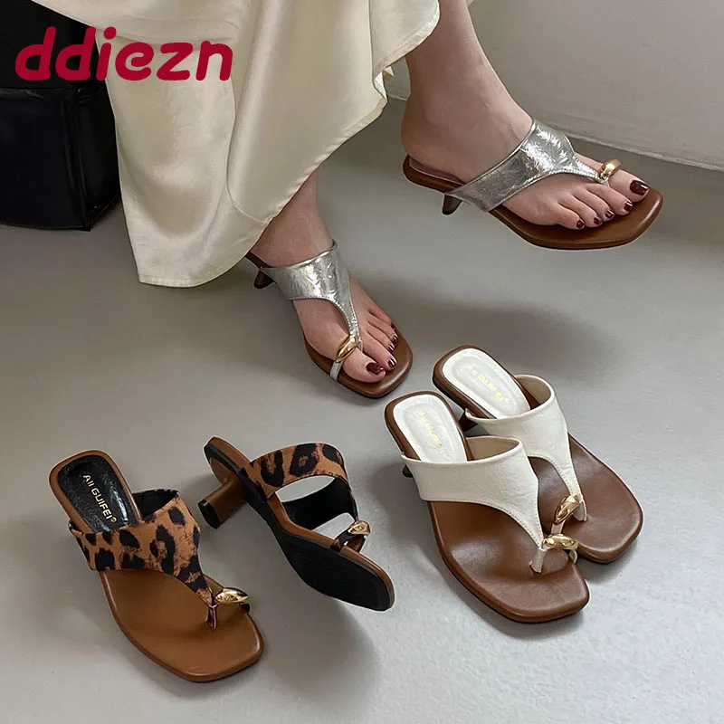 

Fashion Metal Women Heels Slippers Sandals Shoes Female Flip flops Footwear Square Toe Ladies Heeled Slippers Slides Shoes