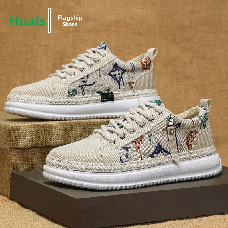 

Men's Canvas Shoes Summer Breathable Casual Work Shoes Low Top Lace-Up Glue-Sole Thick Bottom round Toe Color Block Design