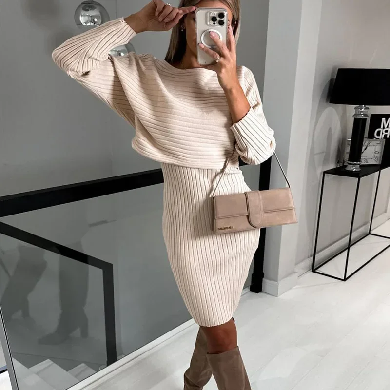 Women Clothing Sets Knitted Sweater+Dress 2Pcs Suit Solid Color Autumn Winter Ladies Fashion Streetwear Female Elegant Outfits