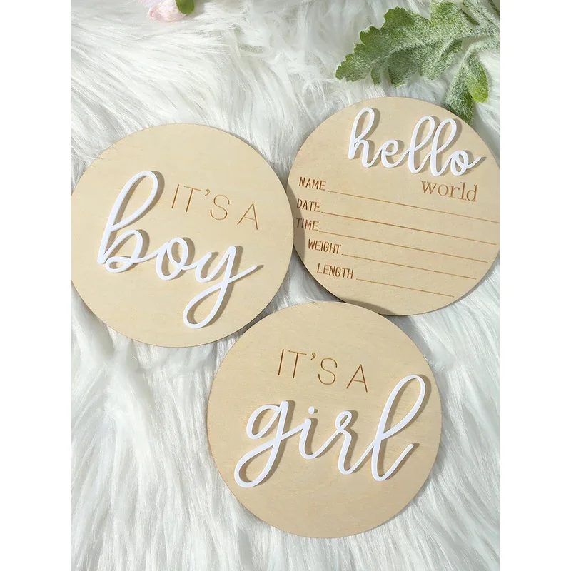 3Pcs Set hello world newborn sign baby birth announcement for hospital its a boy a girl wooden  photo props