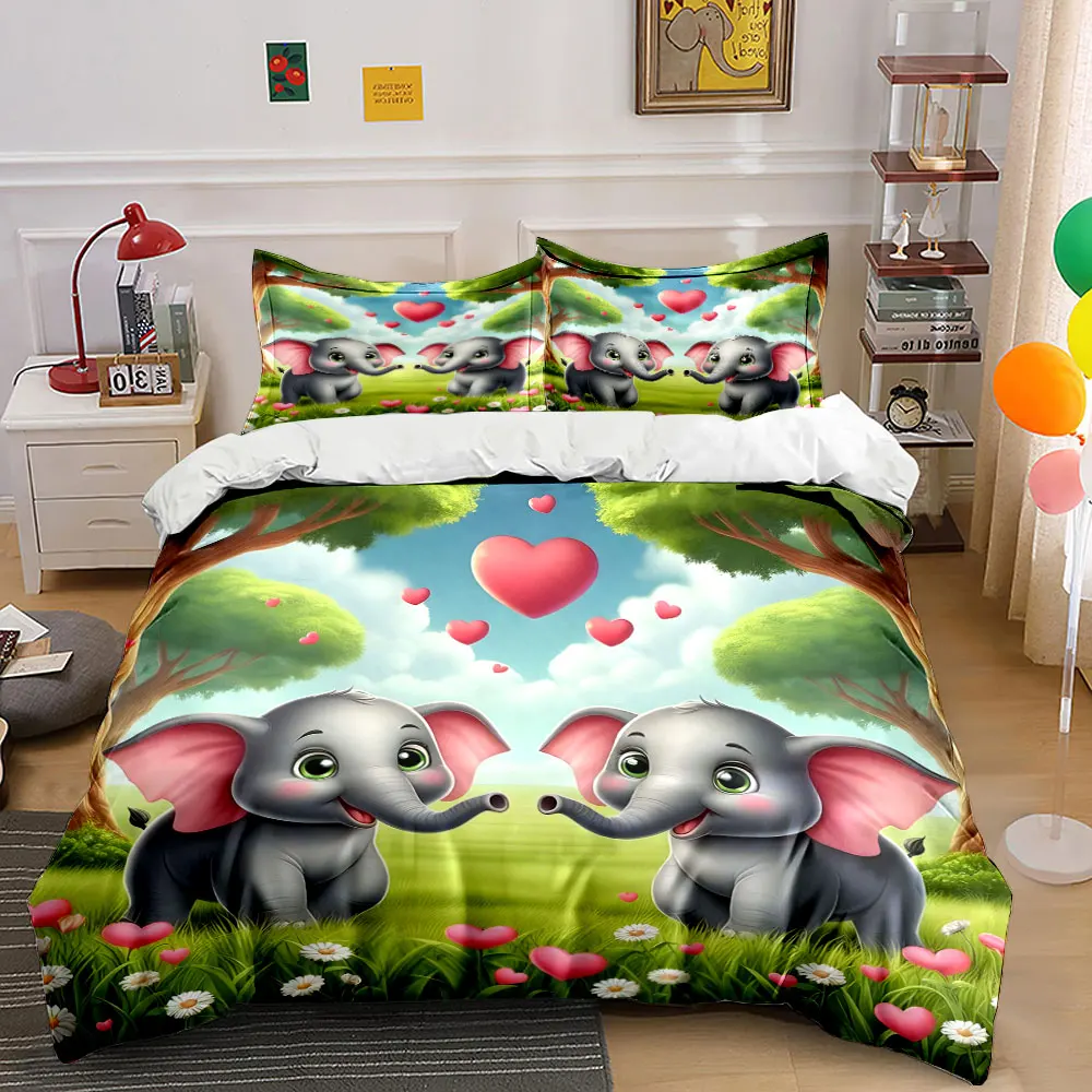

Cute little elephant on a romantic meadow Duvet Cover Set with 3D Printing Design Soft Polyester Bedding Set All-Season Comfort