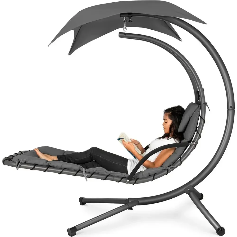 Outdoor Hanging Curved Steel Chaise Lounge Chair Swing w/Built-in Pillow and Removable - Charcoal Gray