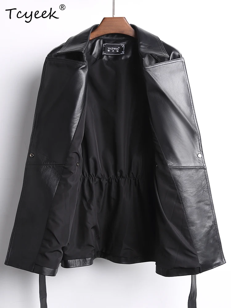 Tcyeek Schaffell Damen Lederjacke Frühling Herbst Anzugkragen mit Raglanärmeln Schwarz Mittellange Jacken Chaqueta Cuero