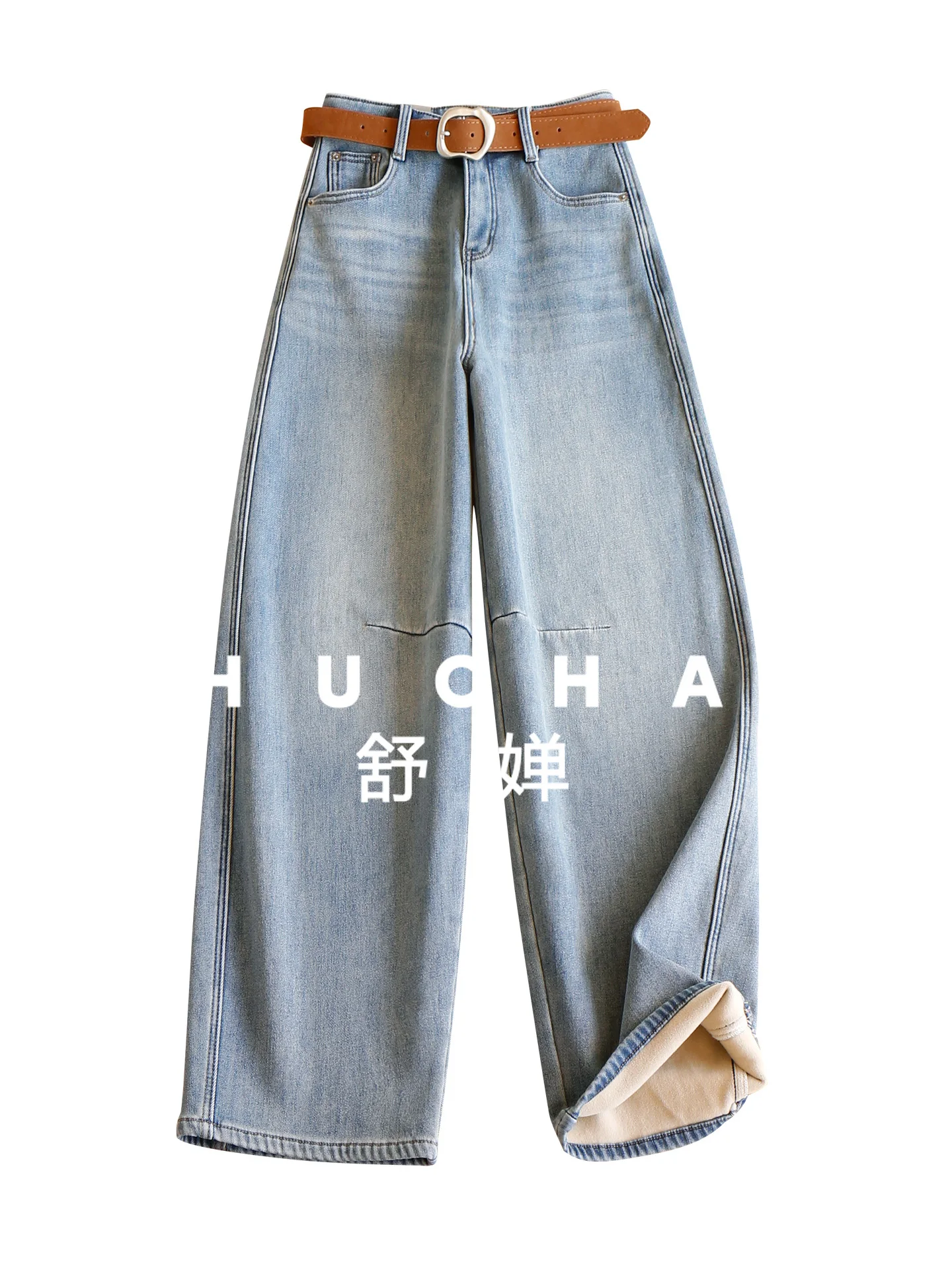 Jeans a vita alta Pantaloni a banana con falce di velluto a vita alta in denim leggero lavato alla moda da donna 92E4