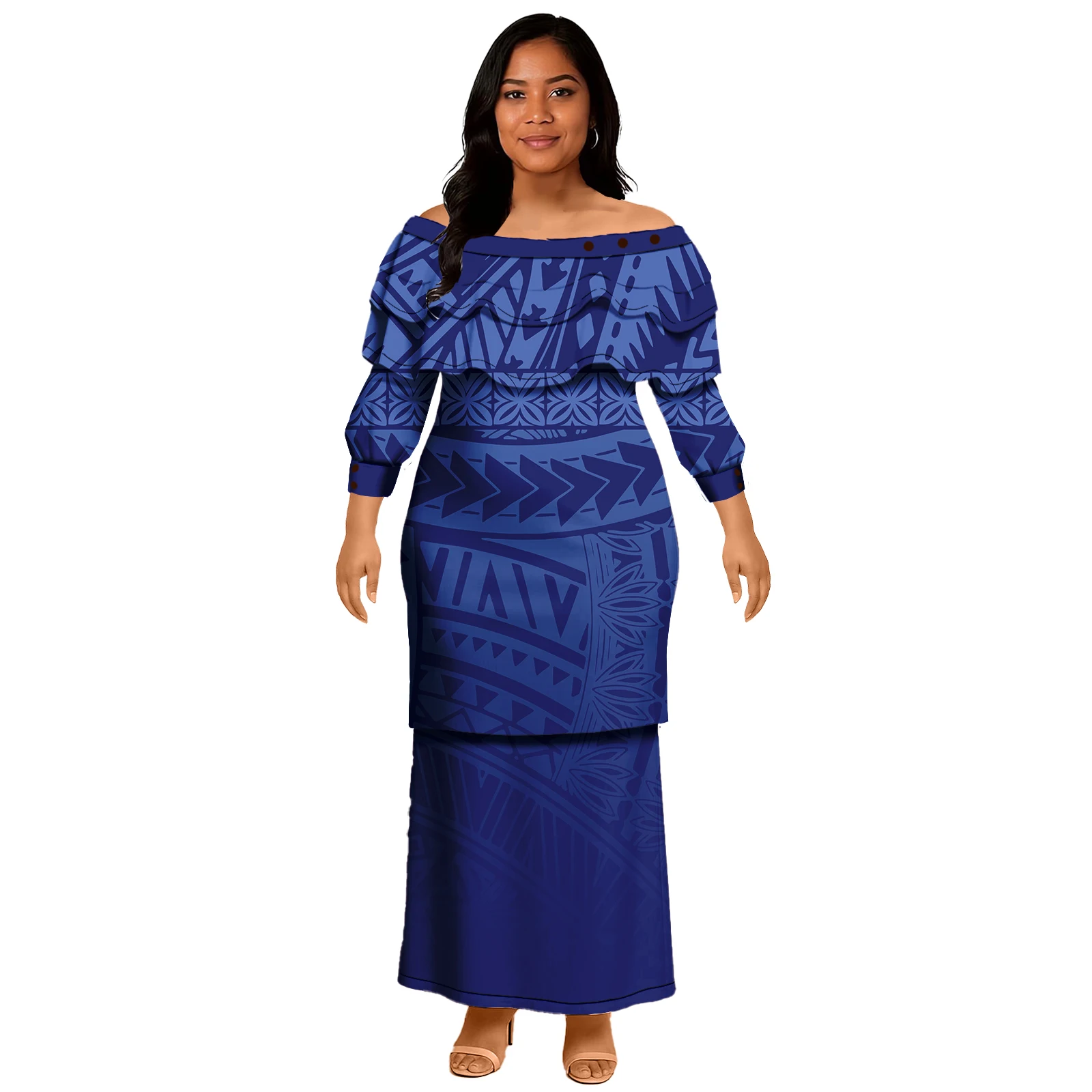Samoan Puletasi Dress Tradition Polynesian พิมพ์รูปแบบที่กําหนดเอง Ruffles ชุด Puletasi Top และกระโปรงสําหรับสตรี