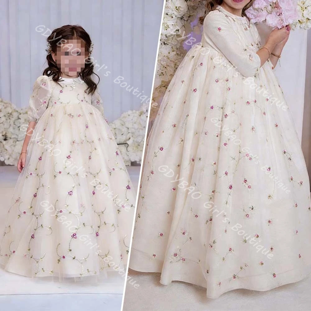 

Embroidered Lace Flower Girl Dress for Wedding Toddlers High Waist 3/4 Sleeves Holy Communion Dress Kids Party Ball Gown Custom
