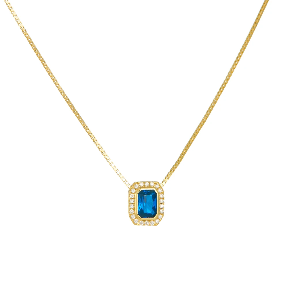 

FULSUN Dainty Octagon Blue Gem Pendant 925 Sterling Silver 14K Gold Plated Rhodium Plated CZ Box Chain Necklace For Women