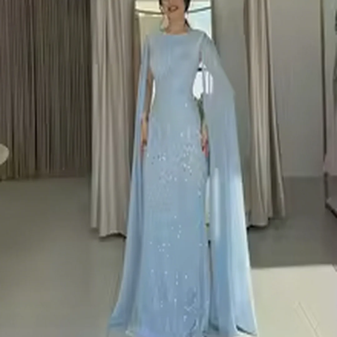 

Customized Elegant Mermaid Pearls Evening Dress for Women O-Neck Long Chiffon Cape Sleeves Formal Prom Party Gowns