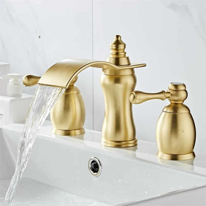 Tuqiu Brushed Gold Bathroom Basin Faucet Hot Cold Rose Gold lWater Faucet Widespread Sink Mixers Tap Deck Mount Wash Tub Fauctes