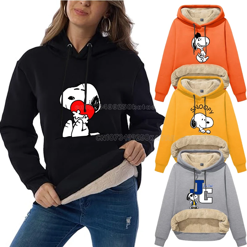 Snoopy Women Fleece Lined Hoodie kawaii cute female Winter Warm Sweatshirt Hooded Outerwear Cartoon printed drawstring Pullover