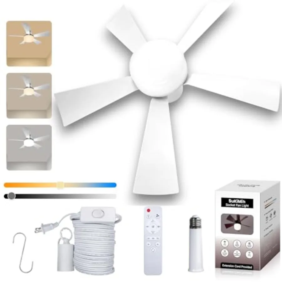 

Socket Fan Light, , Plug in Ceiling Fan, Gazebo Fan, Outdoor/Indoor, 16.4 Feet Cord with Hook UL Listed, Ceiling Light with Rem