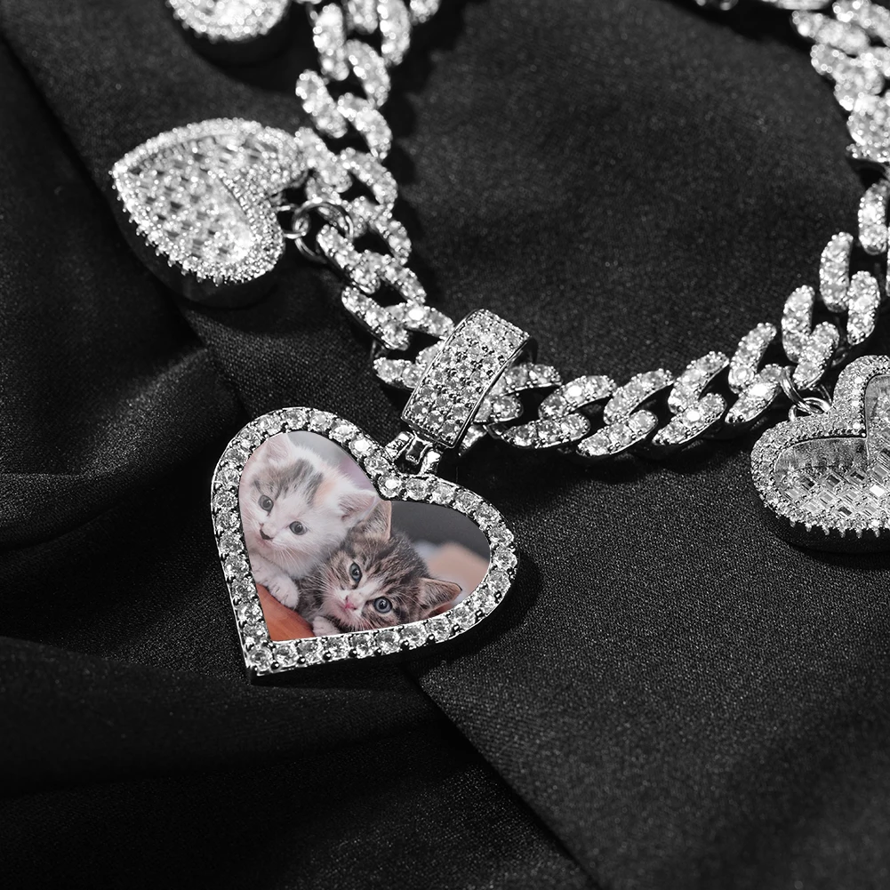 Uwin Heart Photo Pendant Bracelet With 9mm Cuban Chain 4 Small Hearts Miami Link Luxury Micro Paved CZ Chain