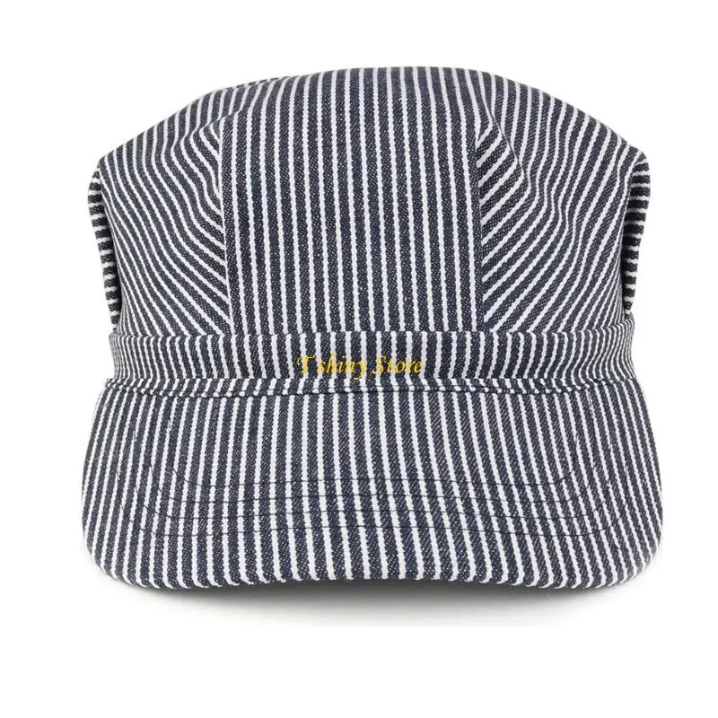 N58F Adjustable Stripy Cotton Engineer Hat Lightweight for Kids Adults Fit All Sizes