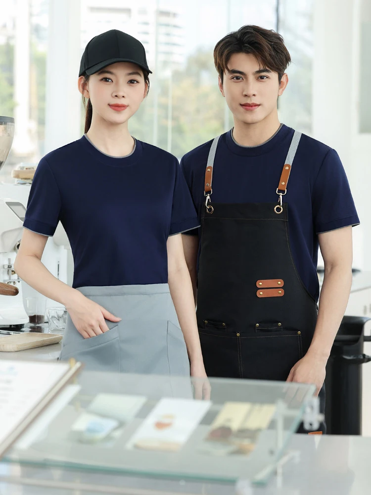 

2602Летняя униформа для официантов ресторанов, униформа для персонала гостиниц, ресторанов хот-пот, кафе с молочным чаем, пекарен, униформа для персонала ресторанов с коротким рукавом