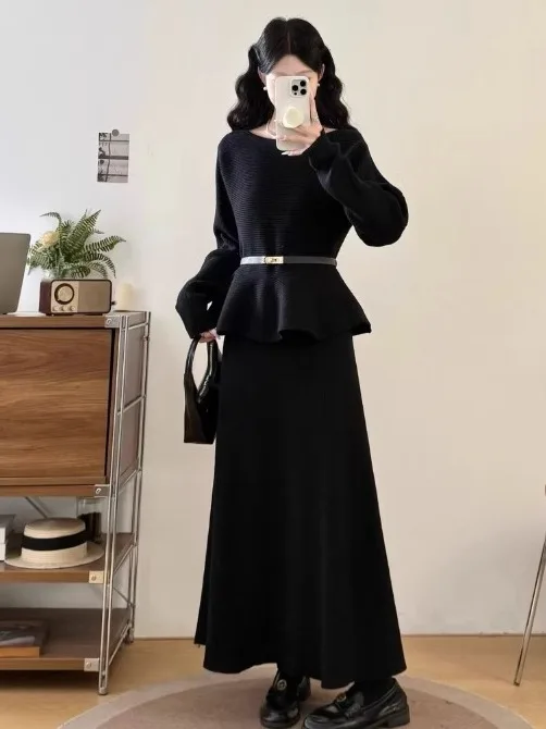 

Black Two-Piece Set Women's Autumn Winter New Style Slimming Sweater plus Size Cover Belly Skirt Casual Loose Fit Fashio...