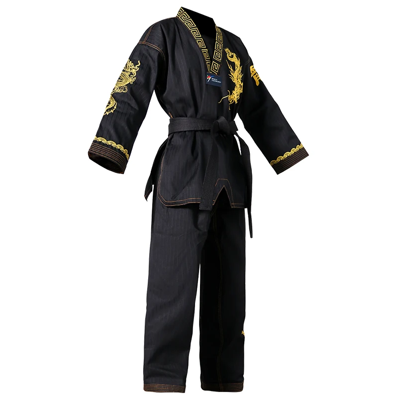 Regular Black Taekwondo Gi Uniform Set 8oz Ultra Light TKD Suit With Belt For Kids Adults Unisex Dragon Pattern Embroidery