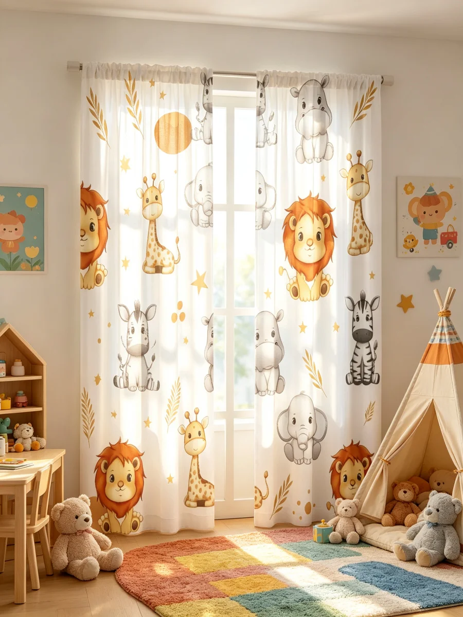 2PCS Digital Print Curtains, Cute African Safari Animals Cartoon, Kids Nursery Rod Pocket Drapes for Bedroom Living Room