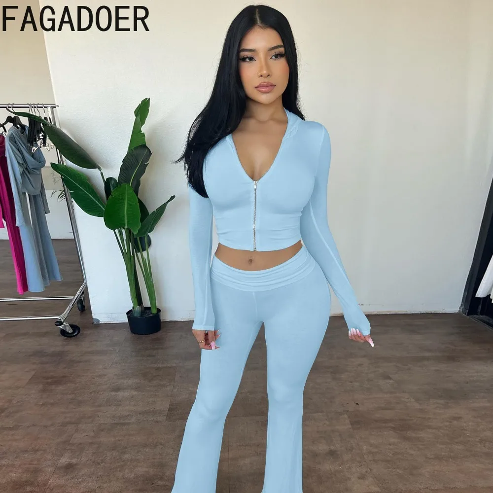 FAGADOER Autumn New 2 Piece Sets Women Outfit Casual Zip Hooded Crop Top + High Waist Flared Pants Suits Y2K Streetwear Clothing