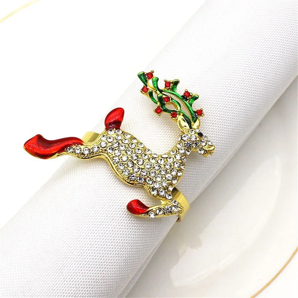 1PCS  Enamel Christmas Napkin Ring Crystal Xmas Tree Reindeer Wreath Napkin Holders for Christmas Wedding Party Table Decor