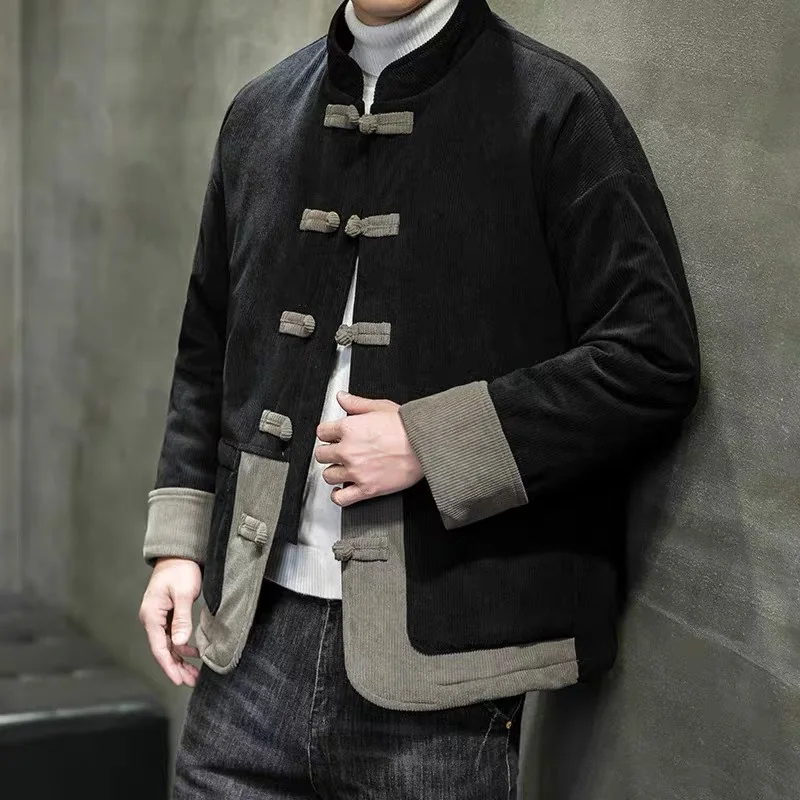 

Sli Thiened Autumn Winter Men's Tang Suit Sle Jaet Color Blo Belted Warm Outerwear Faionable Youth Outerwear