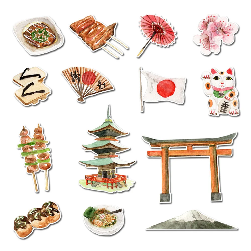 Pack of 14 Watercolor Japan Themed Travel Stickers - Big Aesthetic Travel Decals for Laptop, Scrapbook, Phone Case, DIY Craft