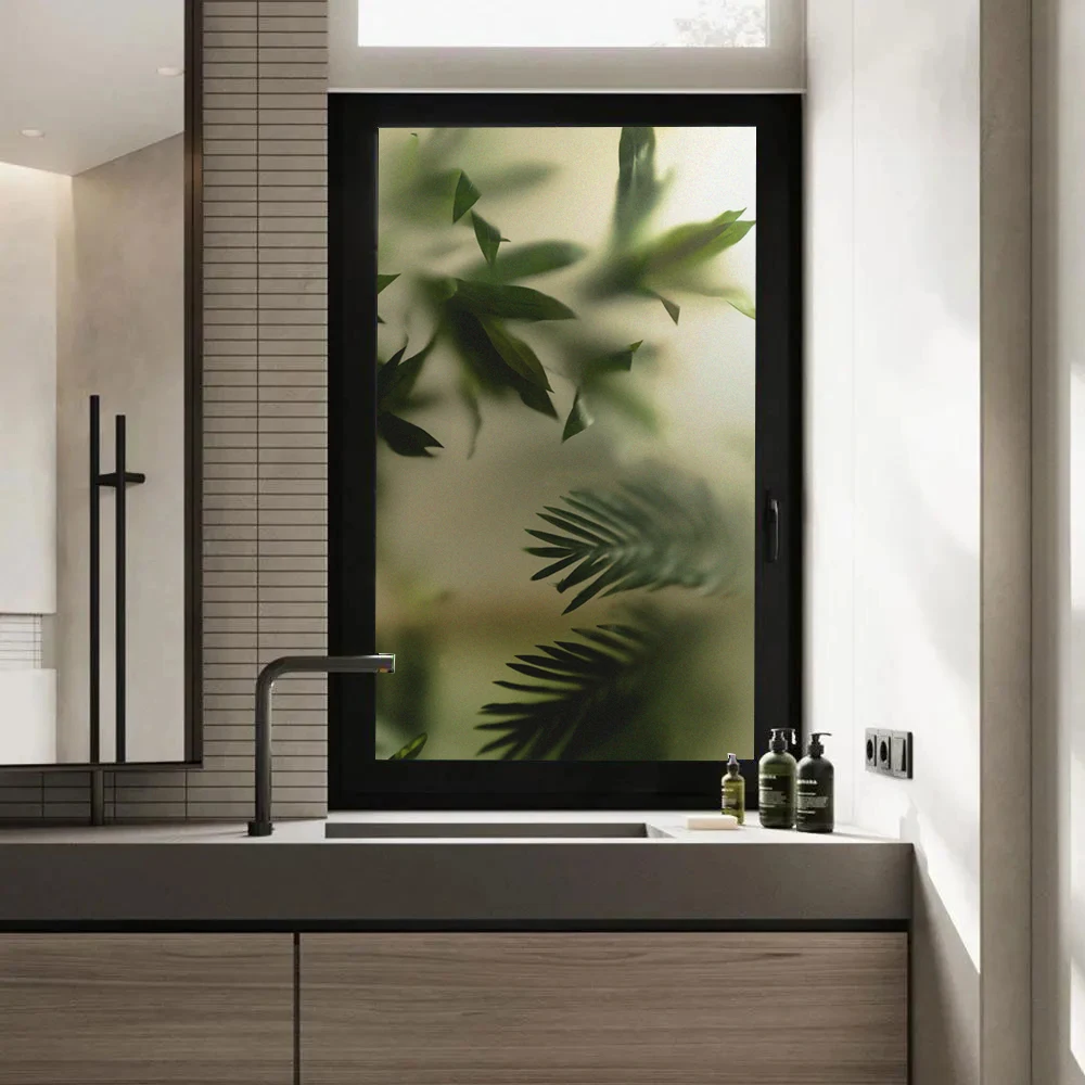 Window Privacy Film UV Blocking Heat Control Window Tint Static Cling Decorative Foggy Green Plant Glass Window/Door Sticker