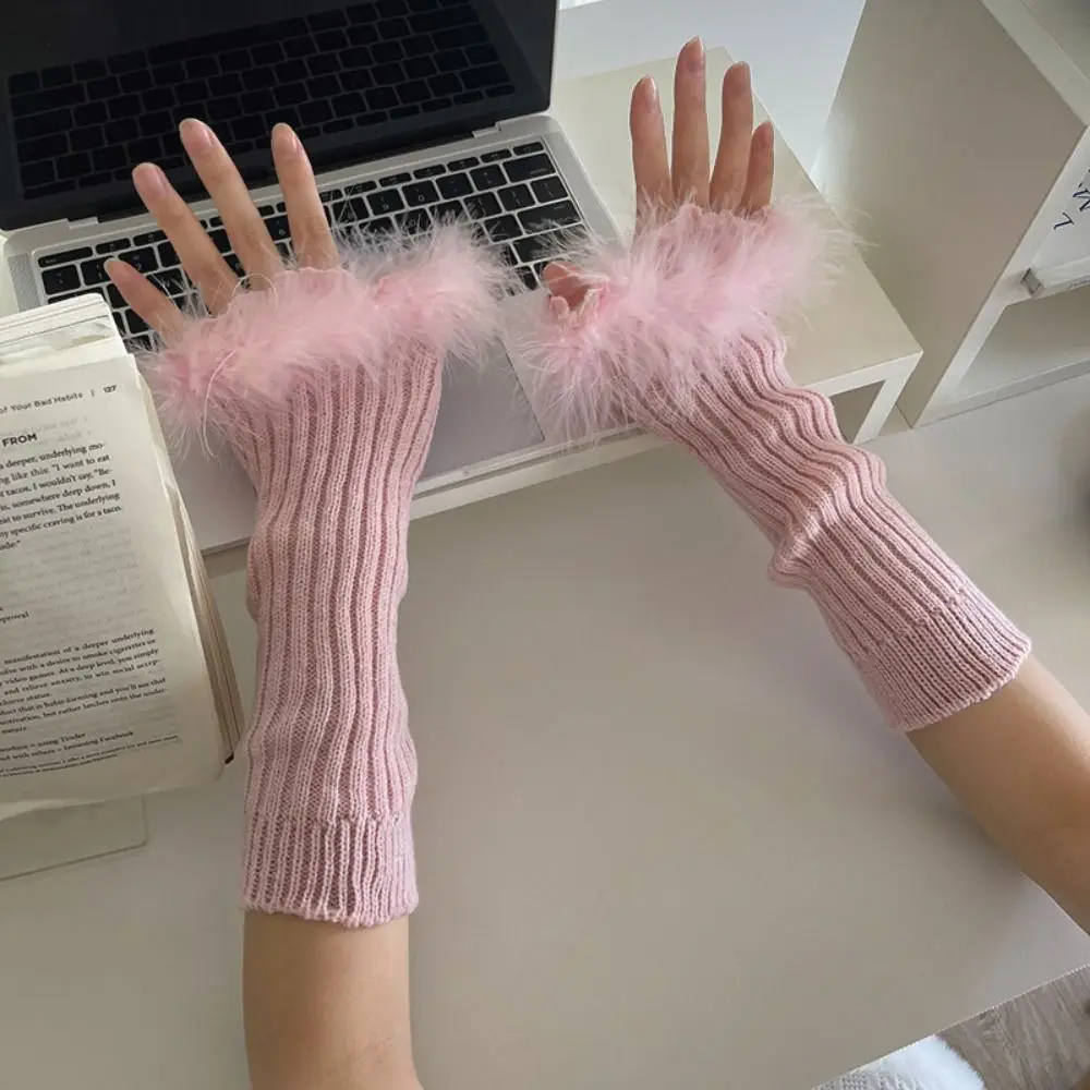 

Streetwear Elastic Y2K Warm Sleeves Lace Long Mittens Feather Knitted Arm Warmers Sweet Korean Style Fingerless Gloves Lolita